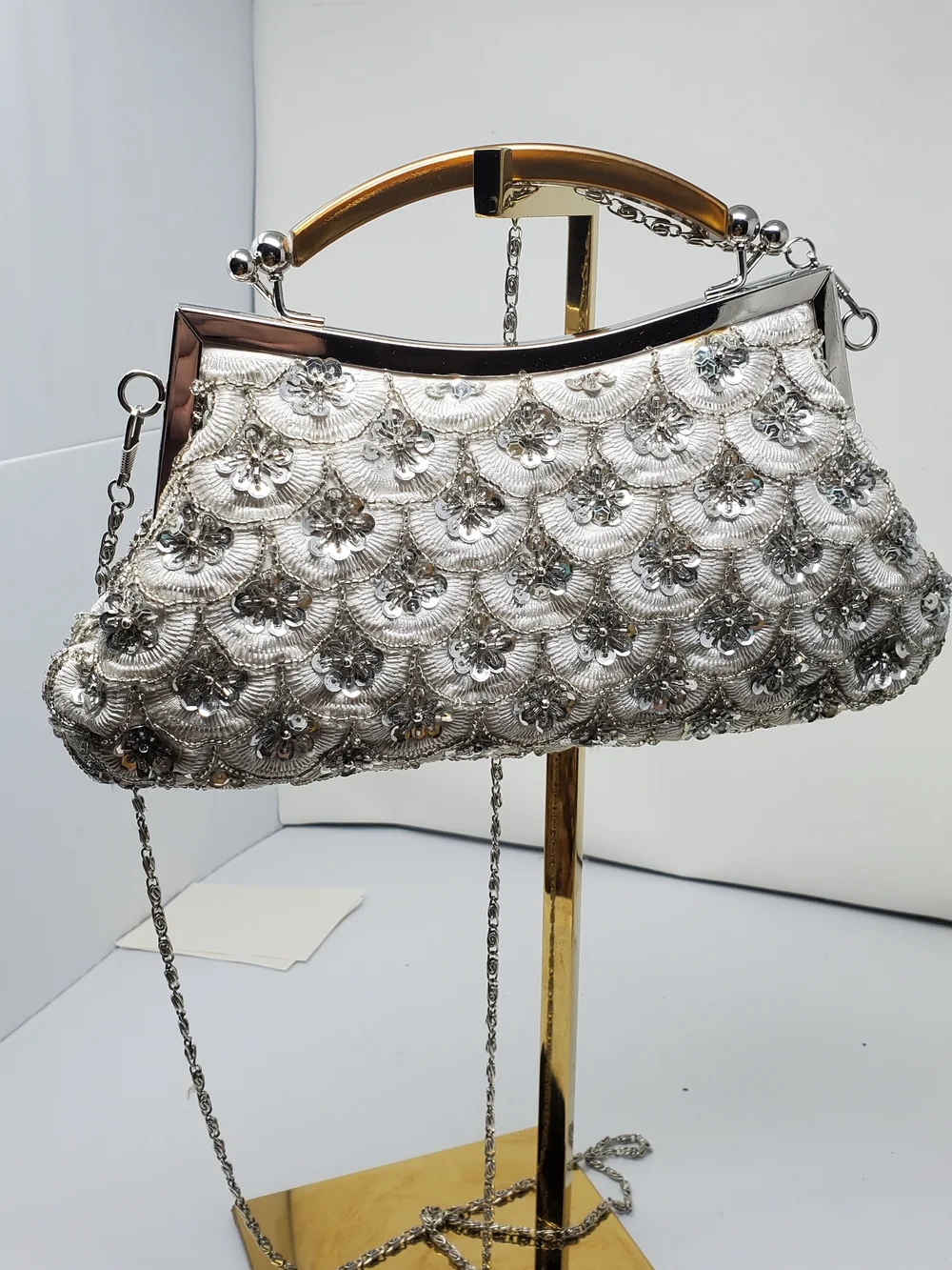 Silver Embellished Evening Clutch with Top Handle
